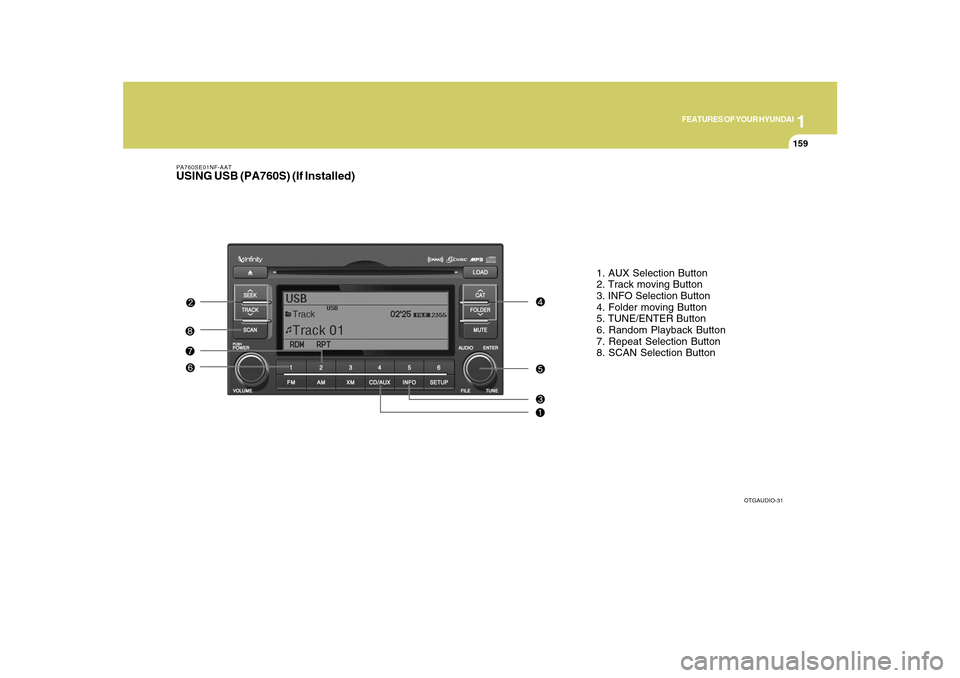 Hyundai Azera 2010  Owners Manual 1
FEATURES OF YOUR HYUNDAI
159
PA760SE01NF-AATUSING USB (PA760S) (If Installed)
1. AUX Selection Button
2. Track moving Button
3. INFO Selection Button
4. Folder moving Button
5. TUNE/ENTER Button
6. 