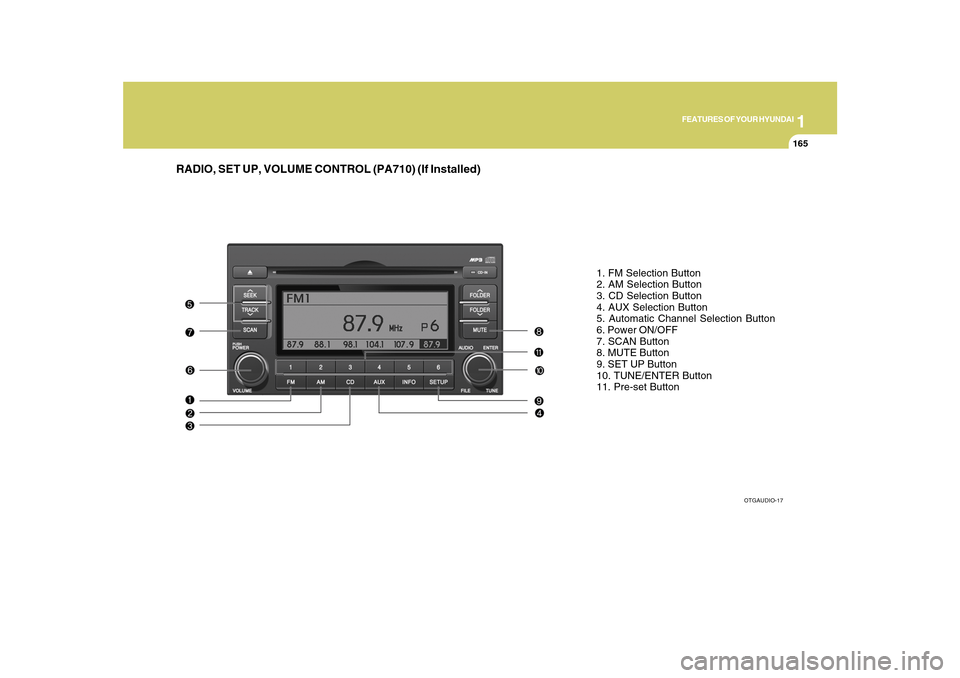 Hyundai Azera 2010 Owners Manual 1
FEATURES OF YOUR HYUNDAI
165
RADIO, SET UP, VOLUME CONTROL (PA710) (If Installed)
1. FM Selection Button
2. AM Selection Button
3. CD Selection Button
4. AUX Selection Button
5. Automatic Channel Se Hyundai Azera 2010 Owners Manual 1
FEATURES OF YOUR HYUNDAI
165
RADIO, SET UP, VOLUME CONTROL (PA710) (If Installed)
1. FM Selection Button
2. AM Selection Button
3. CD Selection Button
4. AUX Selection Button
5. Automatic Channel Se