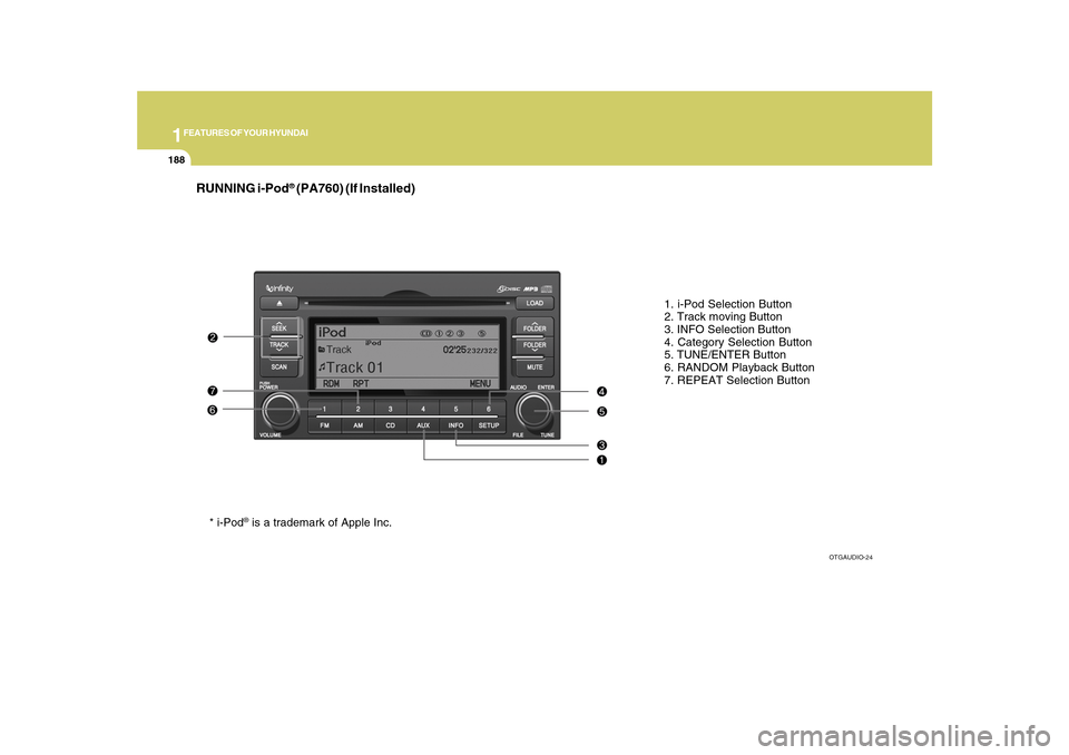Hyundai Azera 2010 Owners Manual 1FEATURES OF YOUR HYUNDAI
188
RUNNING i-Pod
® (PA760) (If Installed)
1. i-Pod Selection Button
2. Track moving Button
3. INFO Selection Button
4. Category Selection Button
5. TUNE/ENTER Button
6. RAN Hyundai Azera 2010 Owners Manual 1FEATURES OF YOUR HYUNDAI
188
RUNNING i-Pod
® (PA760) (If Installed)
1. i-Pod Selection Button
2. Track moving Button
3. INFO Selection Button
4. Category Selection Button
5. TUNE/ENTER Button
6. RAN