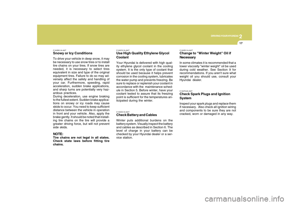 Hyundai Azera 2010  Owners Manual 2
DRIVING YOUR HYUNDAI
17
C160D01A-AATCheck Battery and CablesWinter puts additional burdens on the
battery system. Visually inspect the battery
and cables as described in Section 6. The
level of char