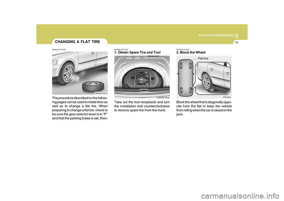 Hyundai Azera 2010 Owners Manual 3
WHAT TO DO IN AN EMERGENCY
11
CHANGING A FLAT TIRED060A01TG-AATThe procedure described on the follow-
ing pages can be used to rotate tires as
well as to change a flat tire. When
preparing to change Hyundai Azera 2010 Owners Manual 3
WHAT TO DO IN AN EMERGENCY
11
CHANGING A FLAT TIRED060A01TG-AATThe procedure described on the follow-
ing pages can be used to rotate tires as
well as to change a flat tire. When
preparing to change