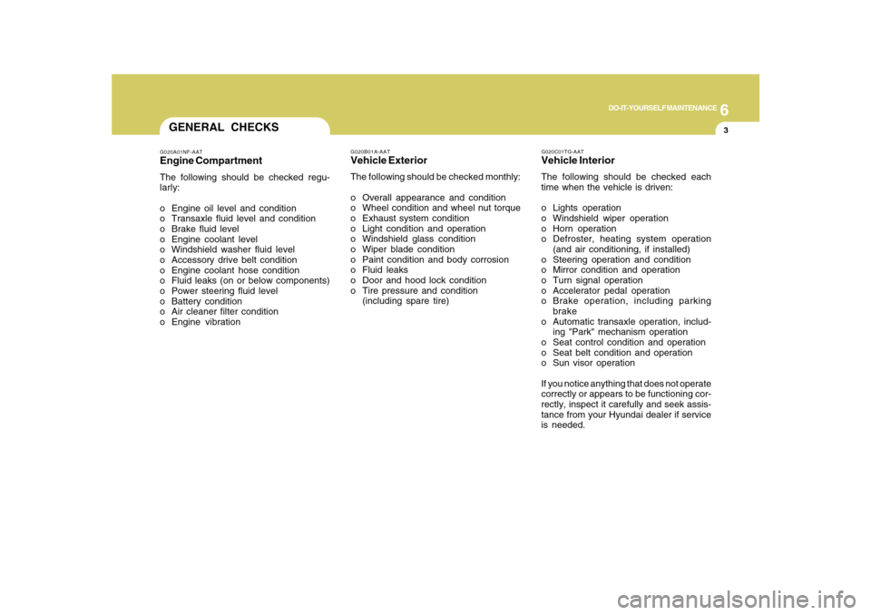 Hyundai Azera 2010  Owners Manual 6
DO-IT-YOURSELF MAINTENANCE
3
G020C01TG-AATVehicle InteriorThe following should be checked each
time when the vehicle is driven:
o Lights operation
o Windshield wiper operation
o Horn operation
o Def