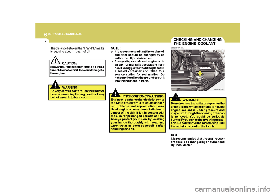 Hyundai Azera 2010 Owners Manual 6
DO-IT-YOURSELF MAINTENANCE
6
CHECKING AND CHANGING
THE ENGINE COOLANT!
G050A01TG-AAT
WARNING:
Do not remove the radiator cap when the
engine is hot. When the engine is hot, the
engine coolant is und Hyundai Azera 2010 Owners Manual 6
DO-IT-YOURSELF MAINTENANCE
6
CHECKING AND CHANGING
THE ENGINE COOLANT!
G050A01TG-AAT
WARNING:
Do not remove the radiator cap when the
engine is hot. When the engine is hot, the
engine coolant is und