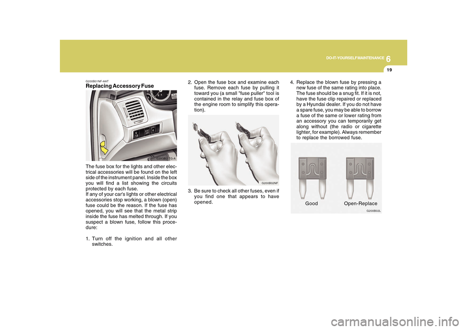 Hyundai Azera 2010 Owners Guide 6
DO-IT-YOURSELF MAINTENANCE
19
G200B01NF-AATReplacing Accessory Fuse
G200B01TG-A
The fuse box for the lights and other elec-
trical accessories will be found on the left
side of the instrument panel.