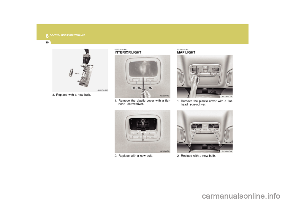 Hyundai Azera 2010  Owners Manual 6
DO-IT-YOURSELF MAINTENANCE
30
G270L01TG
G270L02TG G270L01L-AAT
MAP LIGHT1. Remove the plastic cover with a flat-
head  screwdriver.
2. Replace with a new bulb.
G270G01L-AATINTERIOR LIGHT
G270G01TG
1