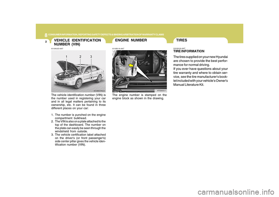 Hyundai Azera 2010 Owners Manual 8
CONSUMER INFORMATION, REPORTING SAFETY DEFECTS & BINDING ARBITRATION OF WARRANTY CLAIMS2
ENGINE NUMBER
VEHICLE IDENTIFICATION
NUMBER (VIN)
I010B01A-AAT I010A02O-AAT
The vehicle identification number Hyundai Azera 2010 Owners Manual 8
CONSUMER INFORMATION, REPORTING SAFETY DEFECTS & BINDING ARBITRATION OF WARRANTY CLAIMS2
ENGINE NUMBER
VEHICLE IDENTIFICATION
NUMBER (VIN)
I010B01A-AAT I010A02O-AAT
The vehicle identification number