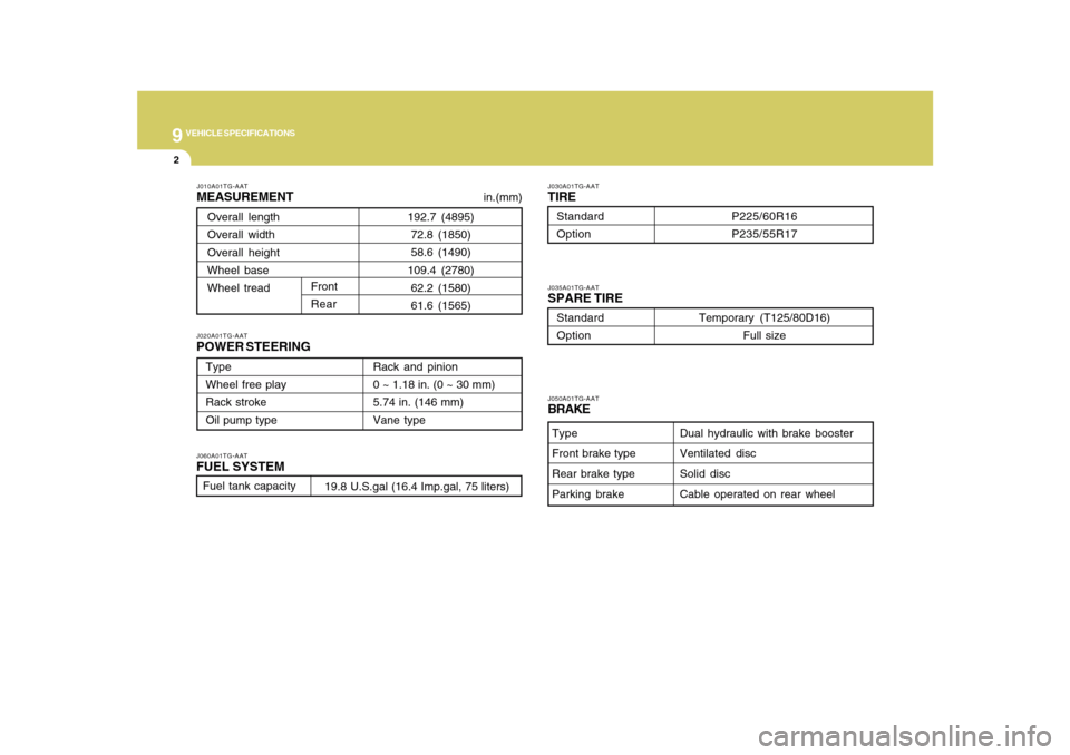 Hyundai Azera 2010  Owners Manual 9
VEHICLE SPECIFICATIONS2
J010A01TG-AATMEASUREMENTJ060A01TG-AATFUEL SYSTEMJ020A01TG-AATPOWER STEERING
J030A01TG-AATTIRE
 in.(mm)
Fuel tank capacity
19.8 U.S.gal (16.4 Imp.gal, 75 liters)
J050A01TG-AAT