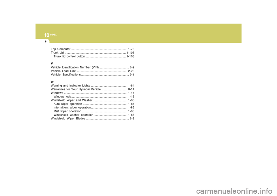 Hyundai Azera 2010  Owners Manual 10
INDEX
6
Trip Computer ....................................................................1-76
Trunk Lid ..........................................................................1-108
Trunk lid co