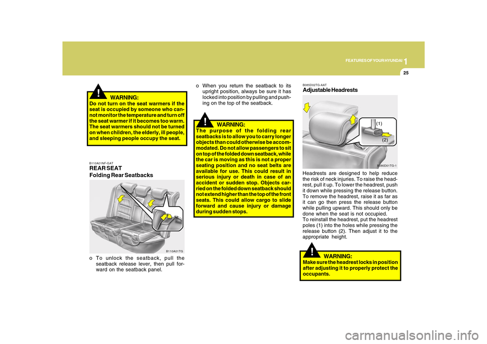 Hyundai Azera 2010  Owners Manual 1
FEATURES OF YOUR HYUNDAI
25
B110A01NF-GATREAR SEAT
Folding Rear Seatbackso To unlock the seatback, pull the
seatback release lever, then pull for-
ward on the seatback panel.
B110A01TG
!
WARNING:
Do