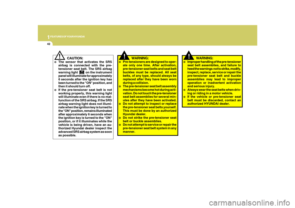 Hyundai Azera 2010  Owners Manual 1FEATURES OF YOUR HYUNDAI42
!
WARNING:
o Improper handling of the pre-tensioner
seat belt assemblies, and failure to
heed the warnings  not to strike, modify,
inspect, replace, service or repair the
p