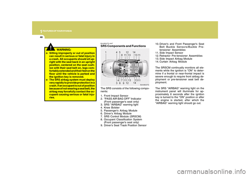 Hyundai Azera 2010 Repair Manual 1FEATURES OF YOUR HYUNDAI48
!
o Sitting improperly or out of position
can result in serious or fatal injury in
a crash. All occupants should sit up-
right with the seat back in an upright
position, ce Hyundai Azera 2010 Repair Manual 1FEATURES OF YOUR HYUNDAI48
!
o Sitting improperly or out of position
can result in serious or fatal injury in
a crash. All occupants should sit up-
right with the seat back in an upright
position, ce