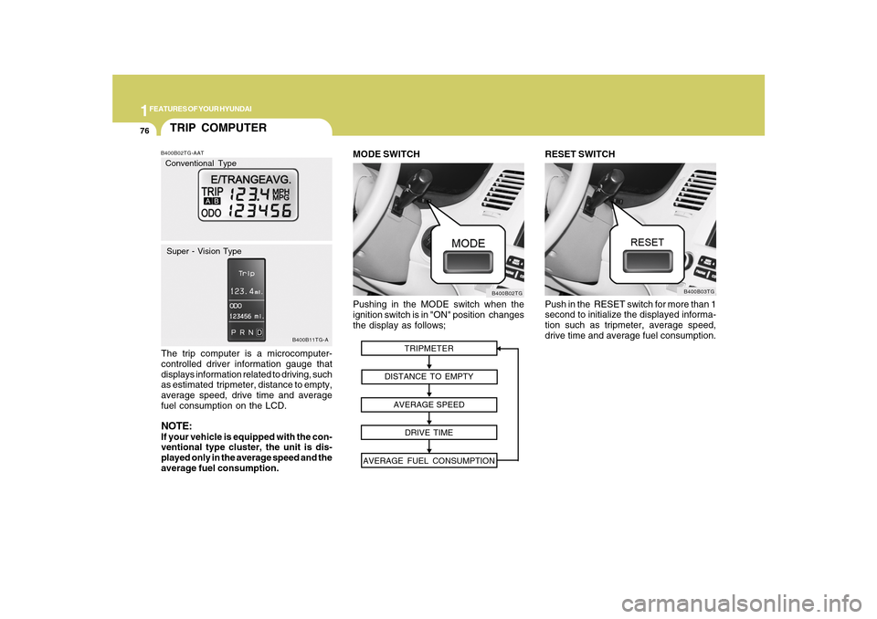 Hyundai Azera 2010 Manual Online 1FEATURES OF YOUR HYUNDAI76
Pushing in the MODE switch when the
ignition switch is in "ON" position changes
the display as follows;
B400B02TG
MODE SWITCH
TRIPMETER
DISTANCE TO EMPTY
AVERAGE SPEED
DRI Hyundai Azera 2010 Manual Online 1FEATURES OF YOUR HYUNDAI76
Pushing in the MODE switch when the
ignition switch is in "ON" position changes
the display as follows;
B400B02TG
MODE SWITCH
TRIPMETER
DISTANCE TO EMPTY
AVERAGE SPEED
DRI