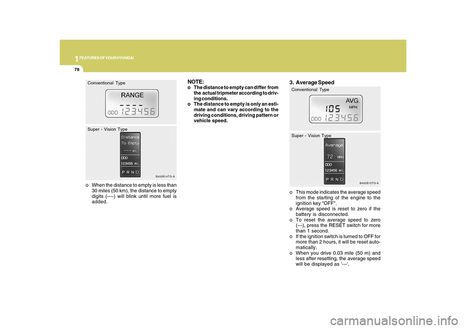 Hyundai Azera 2010 Owners Manual 1FEATURES OF YOUR HYUNDAI78
o When the distance to empty is less than
30 miles (50 km), the distance to empty
digits (----) will blink until more fuel is
added.
B400B14TG-A
Conventional Type
Super - V Hyundai Azera 2010 Owners Manual 1FEATURES OF YOUR HYUNDAI78
o When the distance to empty is less than
30 miles (50 km), the distance to empty
digits (----) will blink until more fuel is
added.
B400B14TG-A
Conventional Type
Super - V
