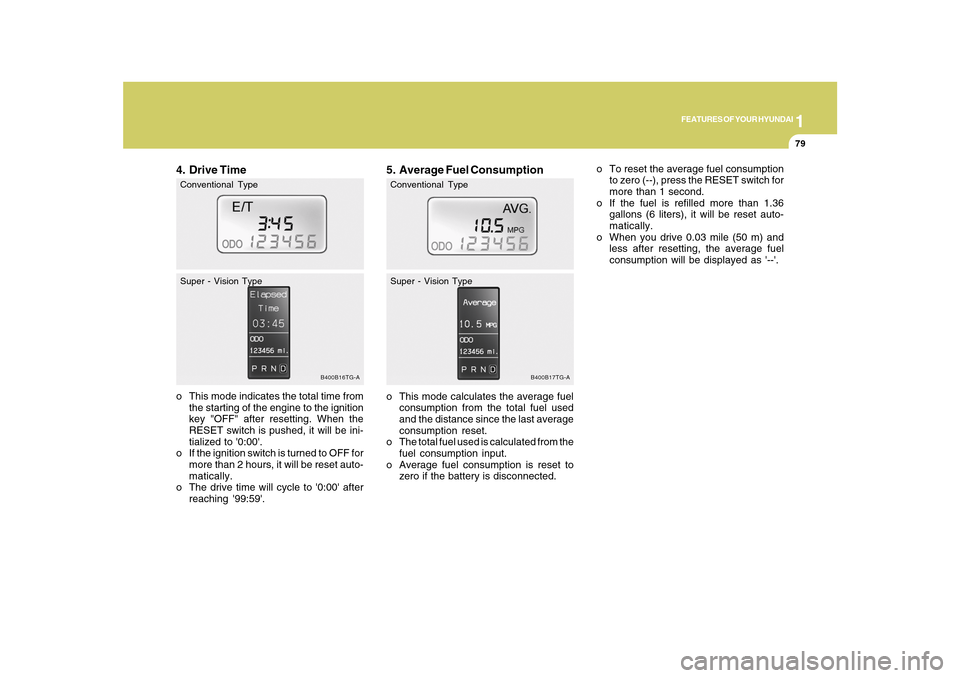 Hyundai Azera 2010 Owners Manual 1
FEATURES OF YOUR HYUNDAI
79
5. Average Fuel Consumptiono This mode calculates the average fuel
consumption from the total fuel used
and the distance since the last average
consumption reset.
o The t Hyundai Azera 2010 Owners Manual 1
FEATURES OF YOUR HYUNDAI
79
5. Average Fuel Consumptiono This mode calculates the average fuel
consumption from the total fuel used
and the distance since the last average
consumption reset.
o The t