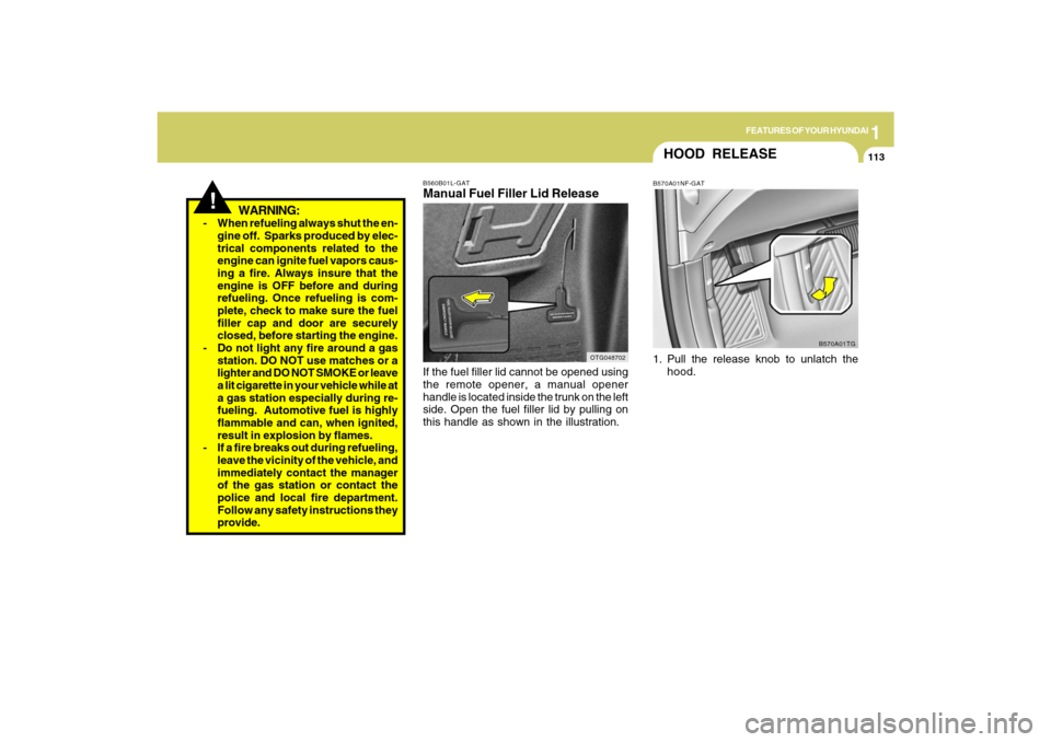 Hyundai Azera 2009 Owners Manual 1
FEATURES OF YOUR HYUNDAI
113
!
WARNING:
- When refueling always shut the en-
gine off. Sparks produced by elec-
trical components related to the
engine can ignite fuel vapors caus-
ing a fire. Alwa Hyundai Azera 2009 Owners Manual 1
FEATURES OF YOUR HYUNDAI
113
!
WARNING:
- When refueling always shut the en-
gine off. Sparks produced by elec-
trical components related to the
engine can ignite fuel vapors caus-
ing a fire. Alwa