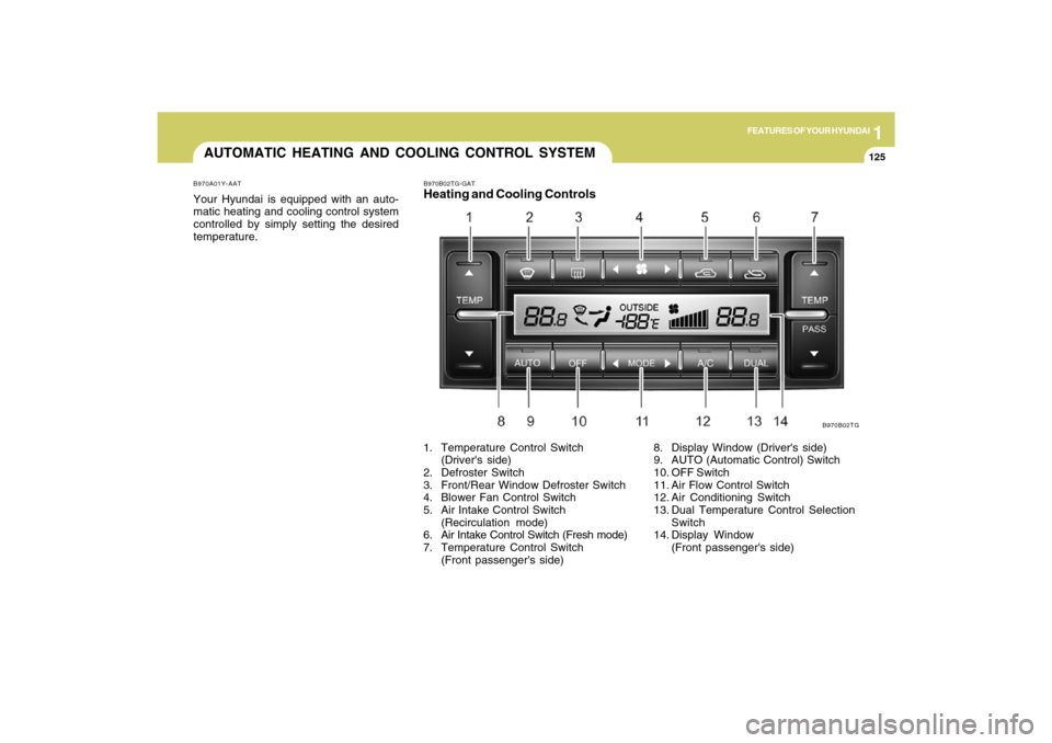Hyundai Azera 2009  Owners Manual 1
FEATURES OF YOUR HYUNDAI
125125
AUTOMATIC HEATING AND COOLING CONTROL SYSTEMB970A01Y-AATYour Hyundai is equipped with an auto-
matic heating and cooling control system
controlled by simply setting t