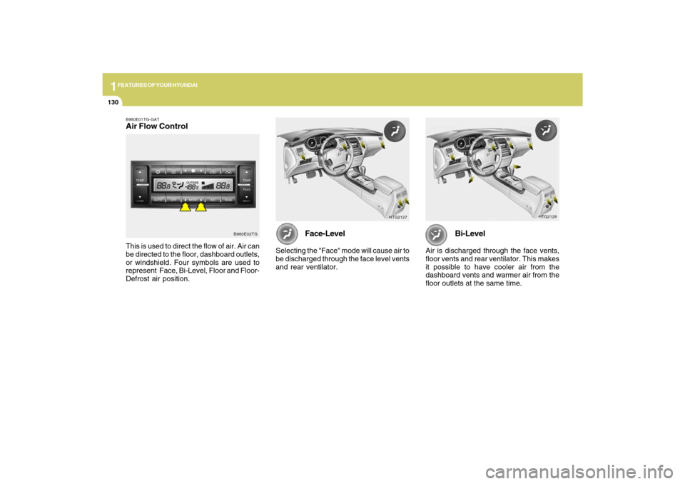 Hyundai Azera 2009  Owners Manual 1FEATURES OF YOUR HYUNDAI
130
HTG2128
Bi-Level
Air is discharged through the face vents,
floor vents and rear ventilator. This makes
it possible to have cooler air from the
dashboard vents and warmer 