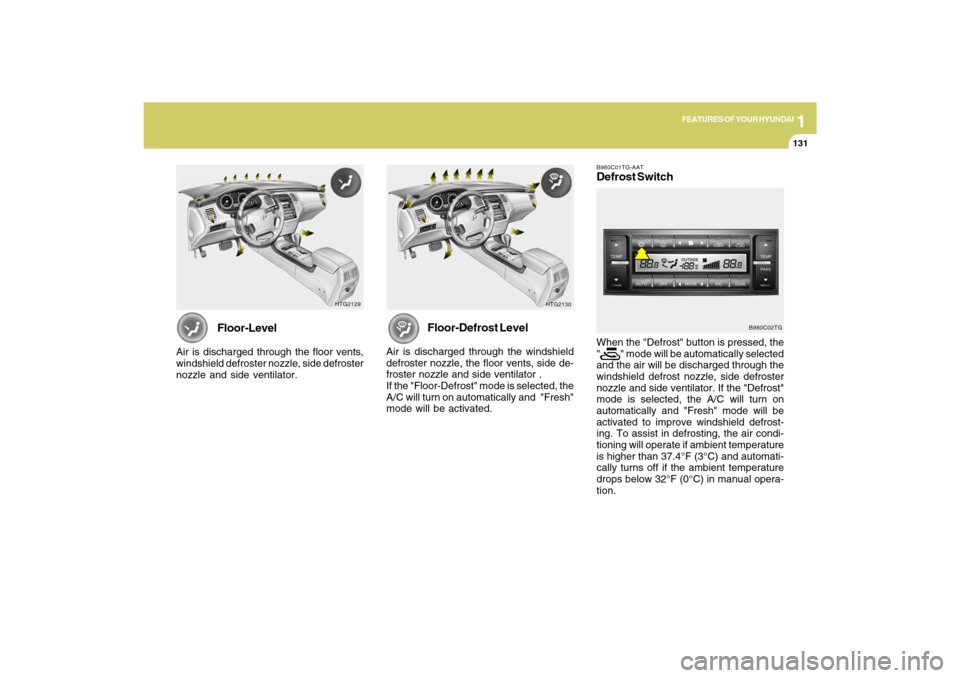 Hyundai Azera 2009  Owners Manual 1
FEATURES OF YOUR HYUNDAI
131131
Floor-Level
Air is discharged through the floor vents,
windshield defroster nozzle, side defroster
nozzle and side ventilator.
HTG2129
HTG2130
Floor-Defrost Level
Air