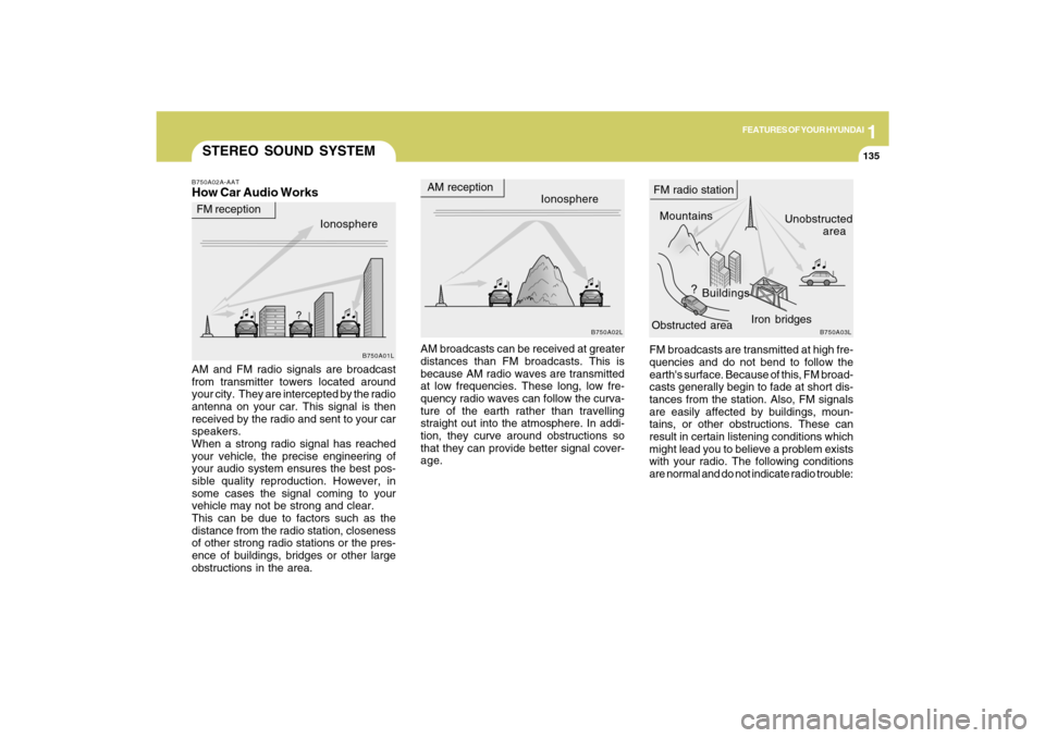 Hyundai Azera 2009  Owners Manual 1
FEATURES OF YOUR HYUNDAI
135135
FM broadcasts are transmitted at high fre-
quencies and do not bend to follow the
earths surface. Because of this, FM broad-
casts generally begin to fade at short d