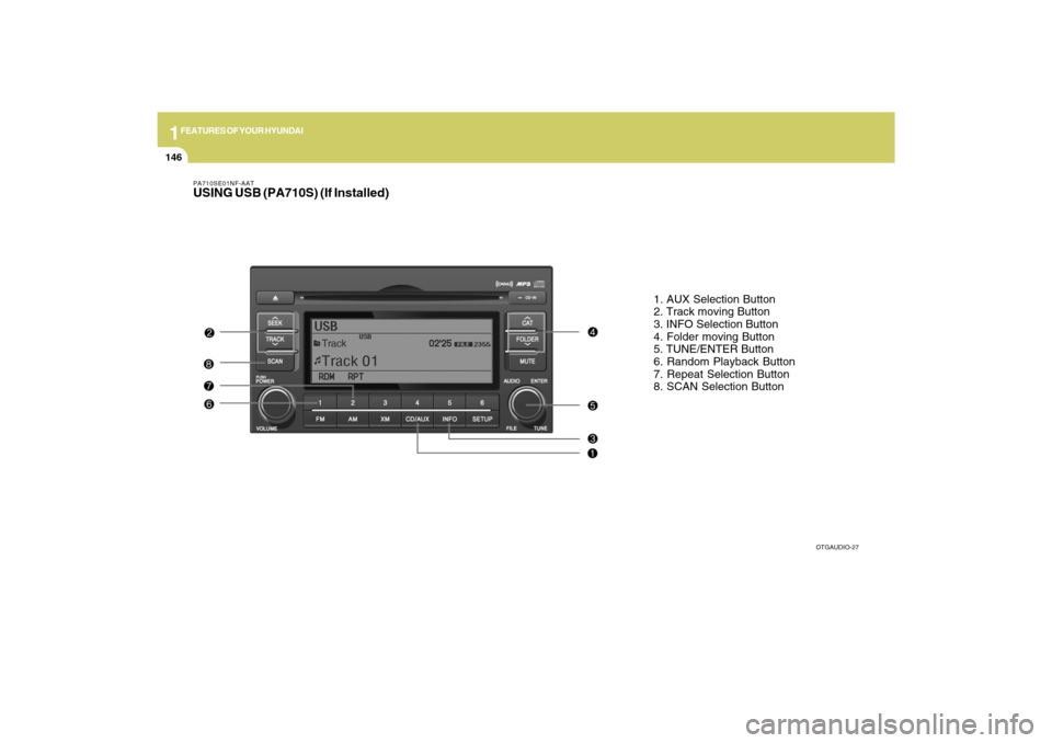Hyundai Azera 2009  Owners Manual 1FEATURES OF YOUR HYUNDAI
146
PA710SE01NF-AATUSING USB (PA710S) (If Installed)
1. AUX Selection Button
2. Track moving Button
3. INFO Selection Button
4. Folder moving Button
5. TUNE/ENTER Button
6. R