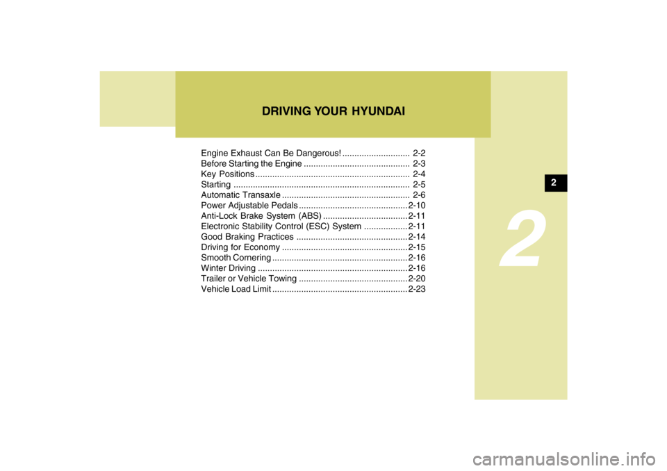 Hyundai Azera 2009  Owners Manual DRIVING YOUR  HYUNDAI
2
Engine Exhaust Can Be Dangerous! ............................ 2-2
Before Starting the Engine ............................................ 2-3
Key Positions ....................