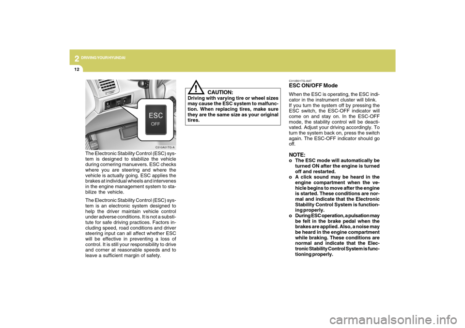 Hyundai Azera 2009  Owners Manual 2
DRIVING YOUR HYUNDAI
12
C310B01TG-AATESC ON/OFF ModeWhen the ESC is operating, the ESC indi-
cator in the instrument cluster will blink.
If you turn the system off by pressing the
ESC switch, the ES