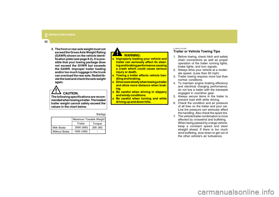 Hyundai Azera 2009  Owners Manual 2
DRIVING YOUR HYUNDAI
22
!
lbs(kg)
!
Tongue
200 (90)
- With Brake
Without BrakeMaximum Towable Weight
Trailer
 2000 (900)
1000 (450)
CAUTION:
The following specifications are recom-
mended when towin