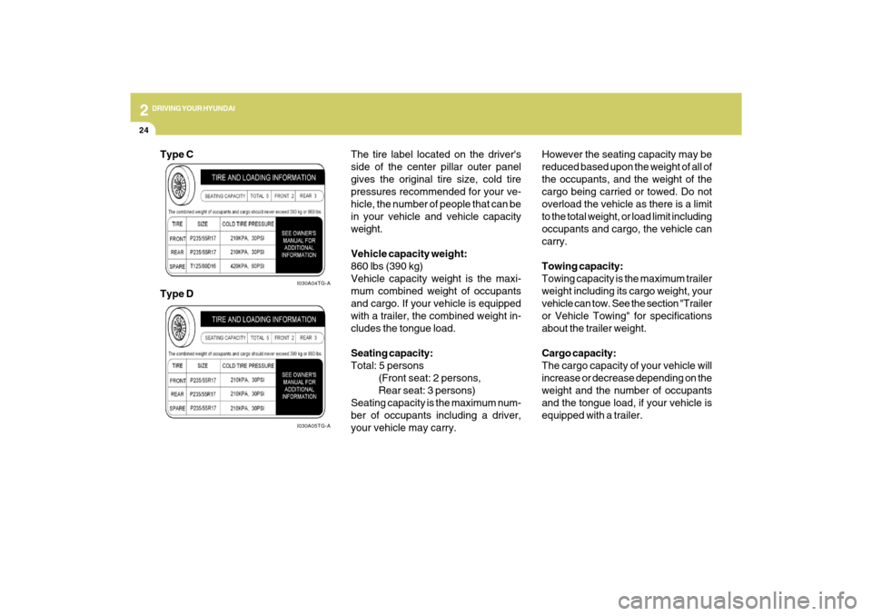 Hyundai Azera 2009  Owners Manual 2
DRIVING YOUR HYUNDAI
24
The tire label located on the drivers
side of the center pillar outer panel
gives the original tire size, cold tire
pressures recommended for your ve-
hicle, the number of p