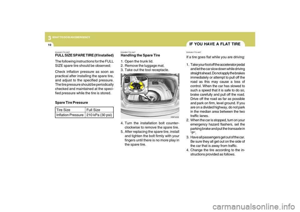 Hyundai Azera 2009 User Guide 310
WHAT TO DO IN AN EMERGENCY
IF YOU HAVE A FLAT TIRED050A01TG-AATIf a tire goes flat while you are driving:
1. Take your foot off the accelerator pedal
and let the car slow down while driving
straig