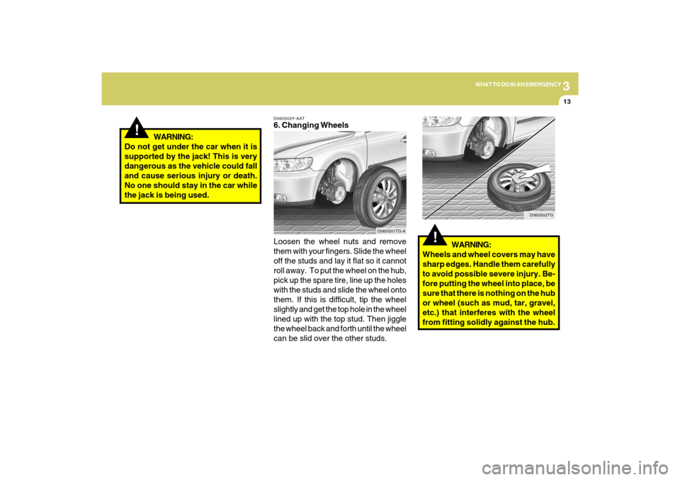 Hyundai Azera 2009  Owners Manual 3
WHAT TO DO IN AN EMERGENCY
13
!
WARNING:
Do not get under the car when it is
supported by the jack! This is very
dangerous as the vehicle could fall
and cause serious injury or death.
No one should 