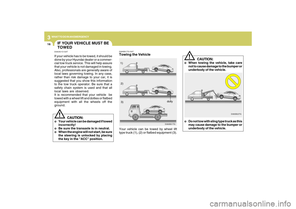 Hyundai Azera 2009  Owners Manual 316
WHAT TO DO IN AN EMERGENCY
CAUTION:
o When towing the vehicle, take care
not to cause damage to the bumper or
underbody of the vehicle.
D080B02TG
!
o Do not tow with sling type truck as this
may c