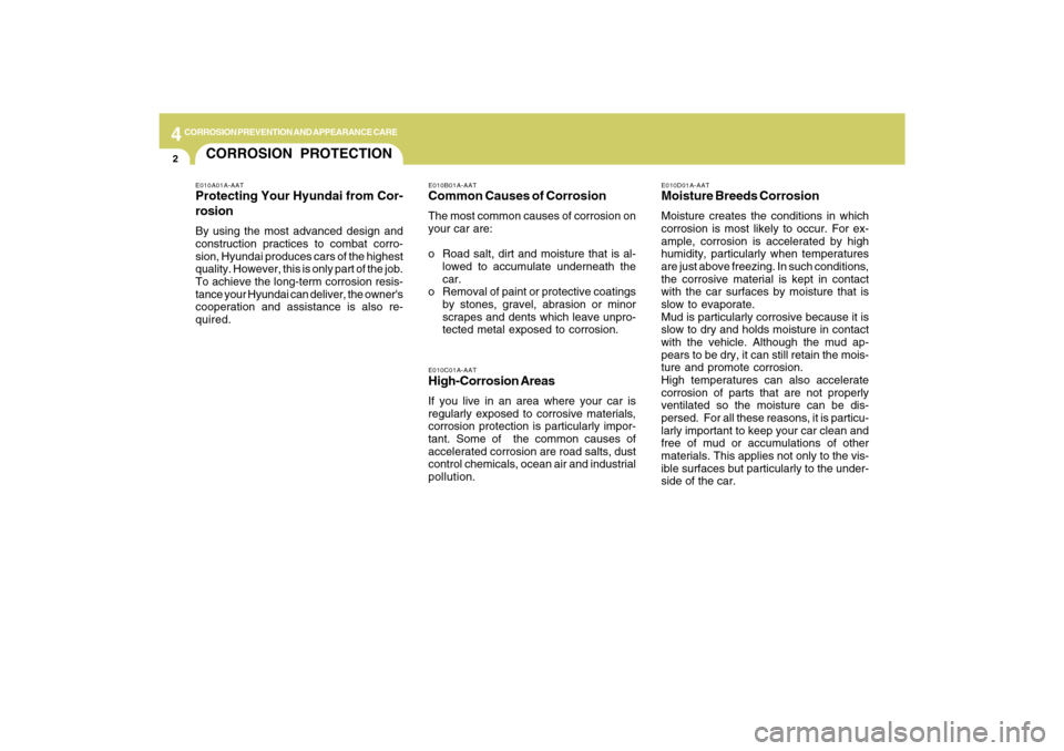 Hyundai Azera 2009  Owners Manual 4
CORROSION PREVENTION AND APPEARANCE CARE2
CORROSION PROTECTION
E010D01A-AATMoisture Breeds CorrosionMoisture creates the conditions in which
corrosion is most likely to occur. For ex-
ample, corrosi