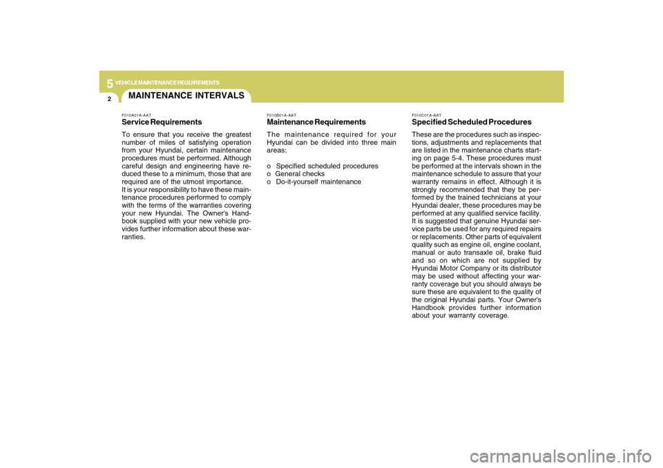 Hyundai Azera 2009 User Guide 5
VEHICLE MAINTENANCE REQUIREMENTS2
F010C01A-AATSpecified Scheduled ProceduresThese are the procedures such as inspec-
tions, adjustments and replacements that
are listed in the maintenance charts sta