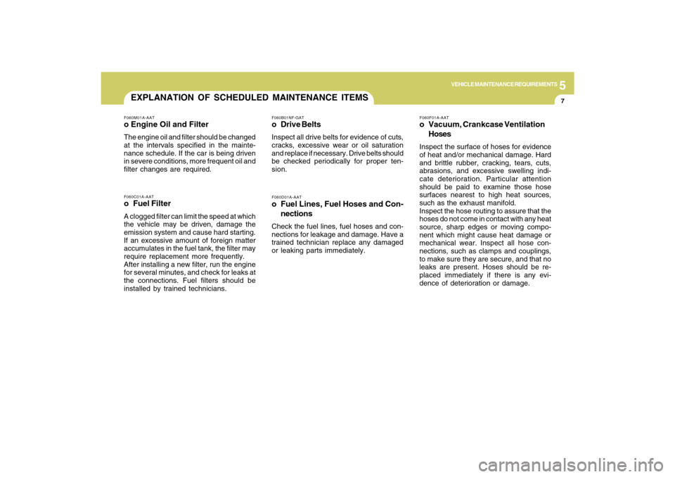 Hyundai Azera 2009  Owners Manual 5
VEHICLE MAINTENANCE REQUIREMENTS
7
F060D01A-AATo Fuel Lines, Fuel Hoses and Con-
nectionsCheck the fuel lines, fuel hoses and con-
nections for leakage and damage. Have a
trained technician replace 