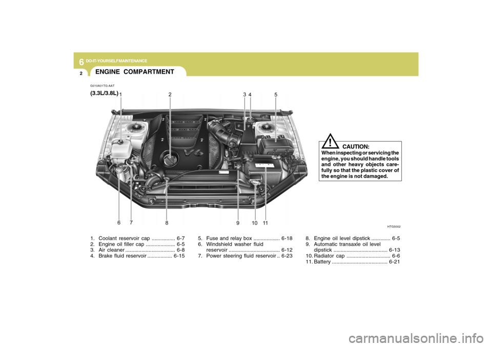 Hyundai Azera 2009  Owners Manual 6
DO-IT-YOURSELF MAINTENANCE
2
G010A01TG-AATENGINE COMPARTMENT
HTG5002
CAUTION:
When inspecting or servicing the
engine, you should handle tools
and other heavy objects care-
fully so that the plastic