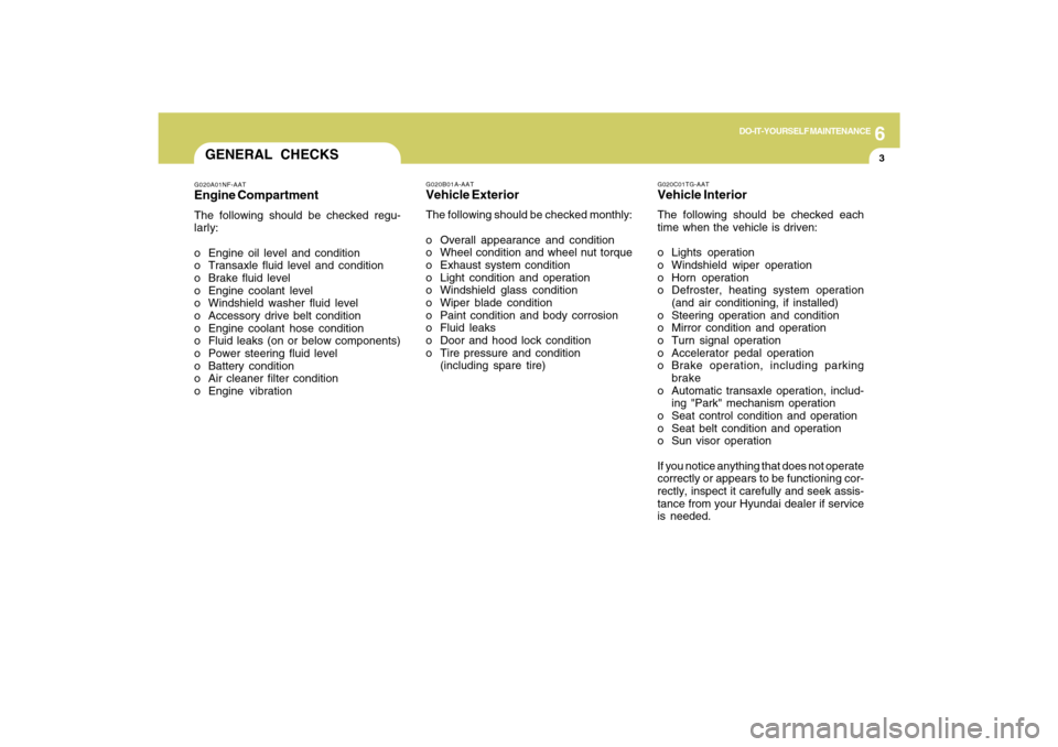 Hyundai Azera 2009 User Guide 6
DO-IT-YOURSELF MAINTENANCE
3
G020C01TG-AATVehicle InteriorThe following should be checked each
time when the vehicle is driven:
o Lights operation
o Windshield wiper operation
o Horn operation
o Def