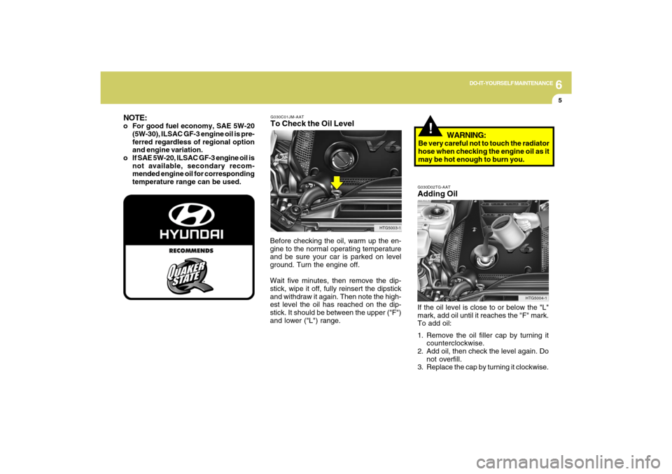 Hyundai Azera 2009  Owners Manual 6
DO-IT-YOURSELF MAINTENANCE
5
G030C01JM-AATTo Check the Oil LevelBefore checking the oil, warm up the en-
gine to the normal operating temperature
and be sure your car is parked on level
ground. Turn