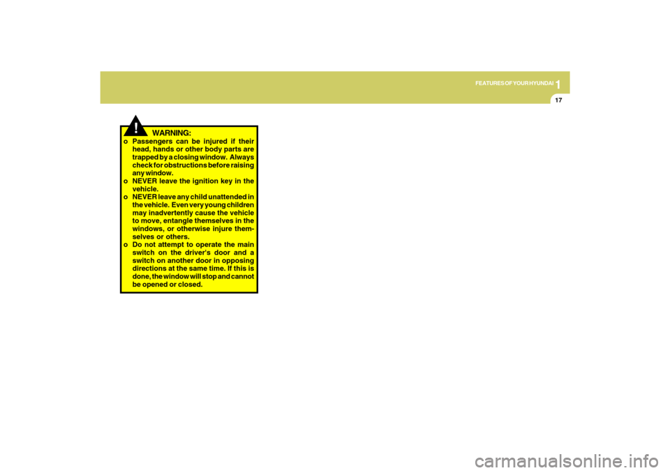 Hyundai Azera 2009 Owners Guide 1
FEATURES OF YOUR HYUNDAI
17
!
WARNING:
o Passengers can be injured if their
head, hands or other body parts are
trapped by a closing window.  Always
check for obstructions before raising
any window.