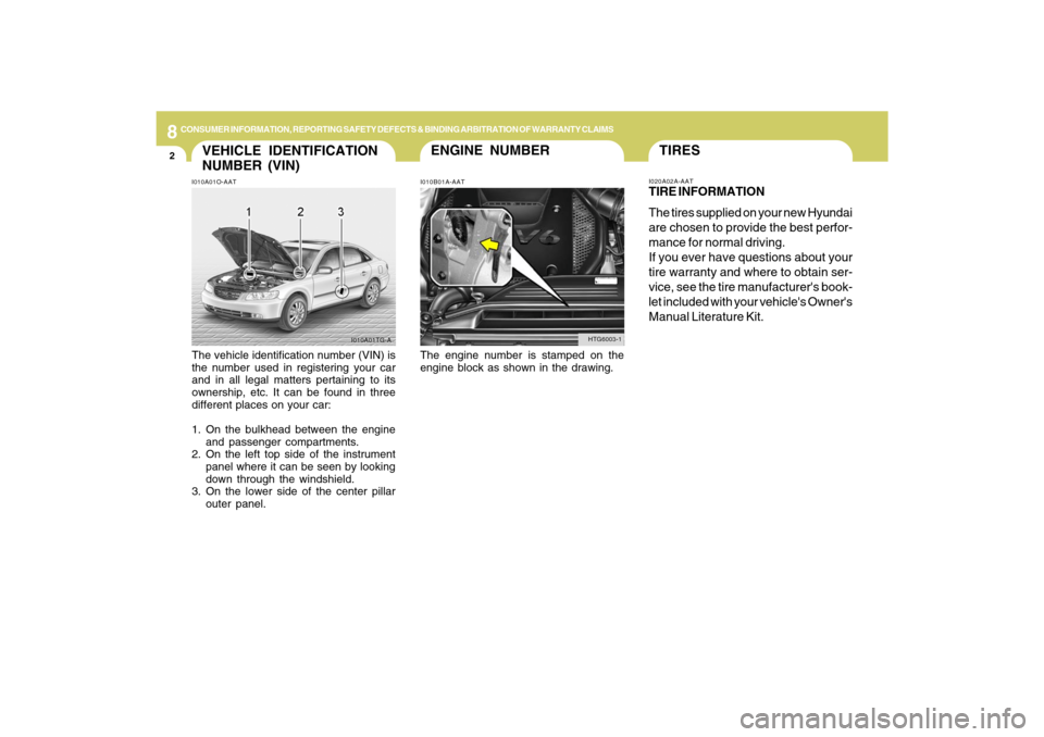 Hyundai Azera 2009 Owners Manual 8
CONSUMER INFORMATION, REPORTING SAFETY DEFECTS & BINDING ARBITRATION OF WARRANTY CLAIMS2
ENGINE NUMBER
VEHICLE IDENTIFICATION
NUMBER (VIN)
I010B01A-AAT I010A01O-AAT
The vehicle identification number Hyundai Azera 2009 Owners Manual 8
CONSUMER INFORMATION, REPORTING SAFETY DEFECTS & BINDING ARBITRATION OF WARRANTY CLAIMS2
ENGINE NUMBER
VEHICLE IDENTIFICATION
NUMBER (VIN)
I010B01A-AAT I010A01O-AAT
The vehicle identification number