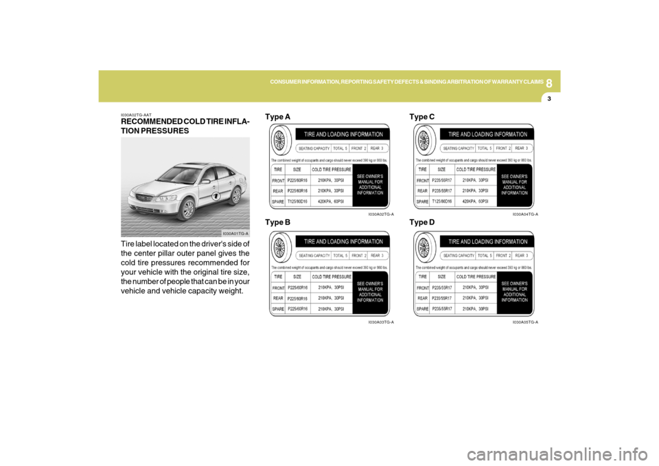 Hyundai Azera 2009 Owners Manual 8
CONSUMER INFORMATION, REPORTING SAFETY DEFECTS & BINDING ARBITRATION OF WARRANTY CLAIMS
3
I030A02TG-AATRECOMMENDED COLD TIRE INFLA-
TION PRESSURES
Tire label located on the drivers side of
the cent Hyundai Azera 2009 Owners Manual 8
CONSUMER INFORMATION, REPORTING SAFETY DEFECTS & BINDING ARBITRATION OF WARRANTY CLAIMS
3
I030A02TG-AATRECOMMENDED COLD TIRE INFLA-
TION PRESSURES
Tire label located on the drivers side of
the cent