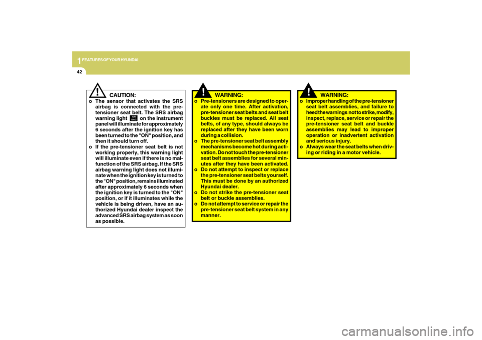 Hyundai Azera 2009  Owners Manual 1FEATURES OF YOUR HYUNDAI42
!
WARNING:
o Improper handling of the pre-tensioner
seat belt assemblies, and failure to
heed the warnings  not to strike, modify,
inspect, replace, service or repair the
p