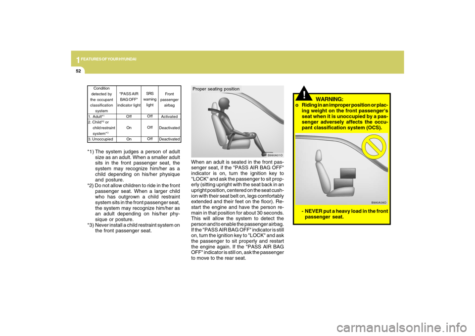 Hyundai Azera 2009  Owners Manual 1FEATURES OF YOUR HYUNDAI52
- NEVER put a heavy load in the front
passenger seat.
B990A08O
!
WARNING:
o Riding in an improper position or plac-
ing weight on the front passengers
seat when it is unoc