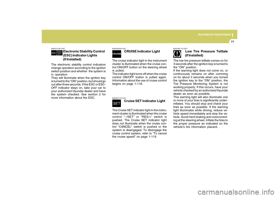 Hyundai Azera 2009  Owners Manual 1
FEATURES OF YOUR HYUNDAI
71
B260Q02NF-GAT
CRUISE Indicator Light
The cruise indicator light in the instrument
cluster is illuminated when the cruise con-
trol ON/OFF button on the steering wheel
is 