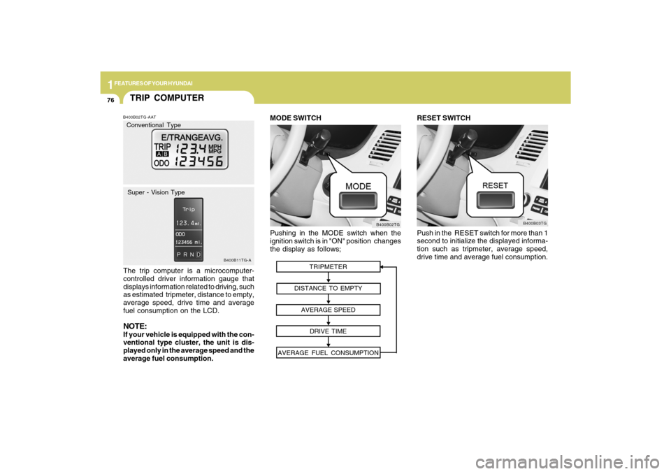 Hyundai Azera 2009 Manual Online 1FEATURES OF YOUR HYUNDAI76
Pushing in the MODE switch when the
ignition switch is in "ON" position changes
the display as follows;
B400B02TG
MODE SWITCH
TRIPMETER
DISTANCE TO EMPTY
AVERAGE SPEED
DRI Hyundai Azera 2009 Manual Online 1FEATURES OF YOUR HYUNDAI76
Pushing in the MODE switch when the
ignition switch is in "ON" position changes
the display as follows;
B400B02TG
MODE SWITCH
TRIPMETER
DISTANCE TO EMPTY
AVERAGE SPEED
DRI