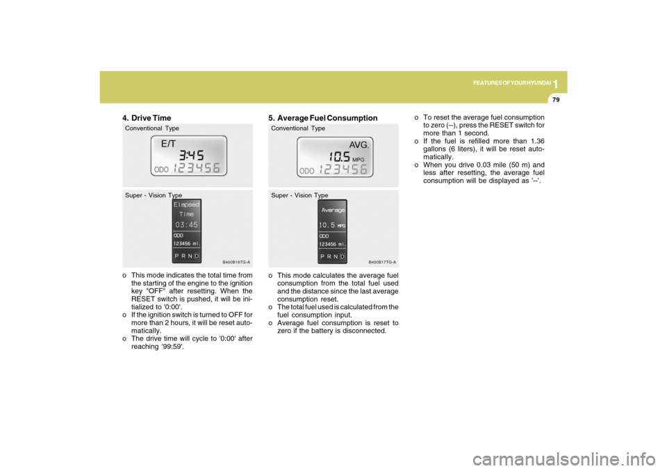 Hyundai Azera 2009 Owners Manual 1
FEATURES OF YOUR HYUNDAI
79
5. Average Fuel Consumptiono This mode calculates the average fuel
consumption from the total fuel used
and the distance since the last average
consumption reset.
o The t