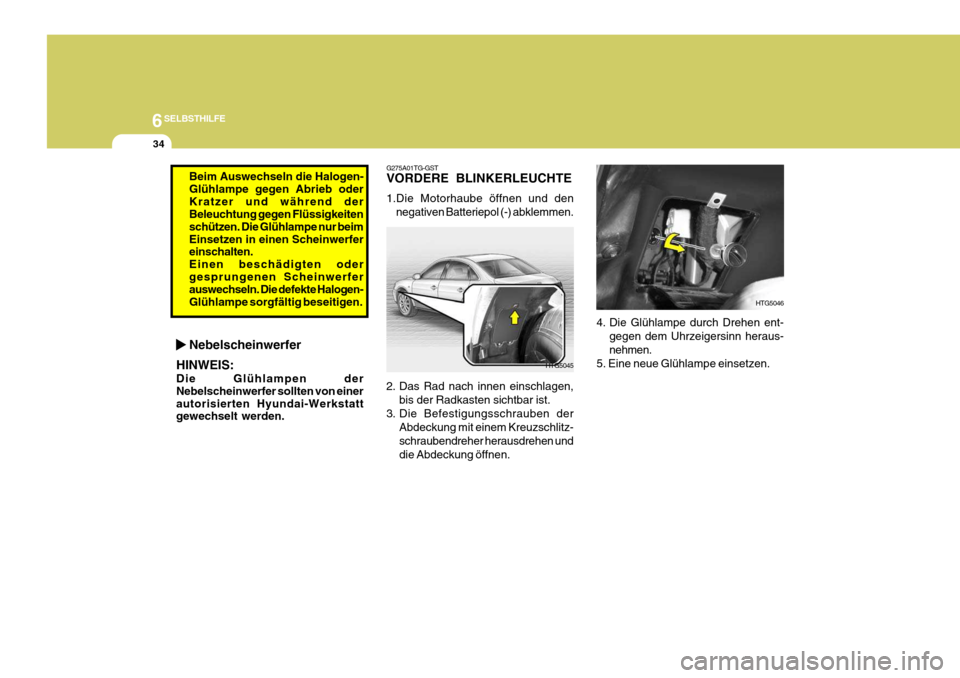 Hyundai Azera 2009  Betriebsanleitung (in German) 6SELBSTHILFE
34
4. Die Glühlampe durch Drehen ent-gegen dem Uhrzeigersinn heraus- nehmen.
5. Eine neue Glühlampe einsetzen.
HTG5046
G275A01TG-GST VORDERE BLINKERLEUCHTE 1.Die Motorhaube öffnen und 