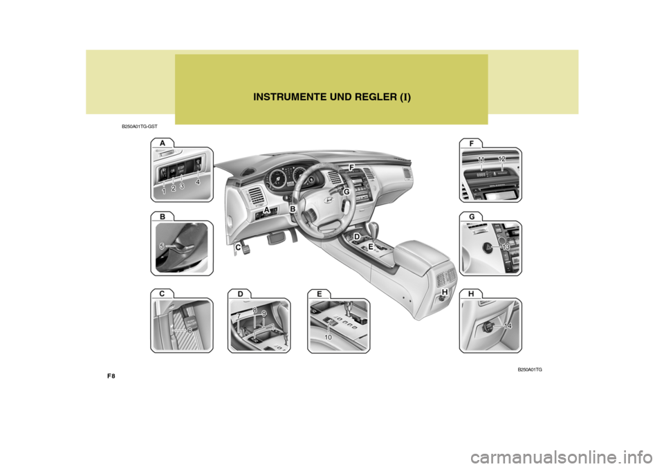 Hyundai Azera 2009 Betriebsanleitung (in German) F8
B250A01TG-GSTINSTRUMENTE UND REGLER (
I)
B250A01TG Hyundai Azera 2009 Betriebsanleitung (in German) F8
B250A01TG-GSTINSTRUMENTE UND REGLER (
I)
B250A01TG
