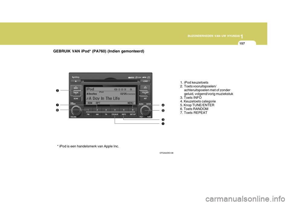 Hyundai Azera 2009 Handleiding (in Dutch) 1
BIJZONDERHEDEN VAN UW HYUNDAI
157
GEBRUIK VAN iPod* (PA760) (Indien gemonteerd)
1. iPod keuzetoets
2. Toets vooruitspoelen/achteruitspoelen met of zondergeluid, volgend/vorig muziekstuk
3. Toets IN Hyundai Azera 2009 Handleiding (in Dutch) 1
BIJZONDERHEDEN VAN UW HYUNDAI
157
GEBRUIK VAN iPod* (PA760) (Indien gemonteerd)
1. iPod keuzetoets
2. Toets vooruitspoelen/achteruitspoelen met of zondergeluid, volgend/vorig muziekstuk
3. Toets IN