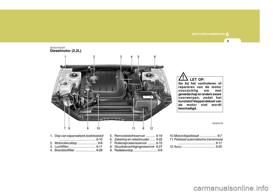 Hyundai Azera 2009 Handleiding (in Dutch) 6
EENVOUDIG ONDERHOUD
3
G010C01TG-GXT
Dieselmotor (2,2L)
1. Dop van expansietank koelvloeistof
........................................ 6-10
2. Motorolievuldop ...................... 6-8
3. Luchtfilt Hyundai Azera 2009 Handleiding (in Dutch) 6
EENVOUDIG ONDERHOUD
3
G010C01TG-GXT
Dieselmotor (2,2L)
1. Dop van expansietank koelvloeistof
........................................ 6-10
2. Motorolievuldop ...................... 6-8
3. Luchtfilt