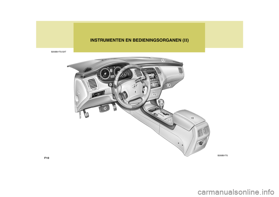 Hyundai Azera 2009 Handleiding (in Dutch) F10
B250B01TG-GXTINSTRUMENTEN EN BEDIENINGSORGANEN (
II)
B250B01TG Hyundai Azera 2009 Handleiding (in Dutch) F10
B250B01TG-GXTINSTRUMENTEN EN BEDIENINGSORGANEN (
II)
B250B01TG